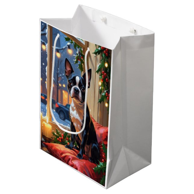 Boston Terrier with Christmas Lights Holiday Medium Gift Bag (Front Angled)