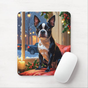 Boston Terrier with Christmas Lights Holiday Mouse Pad