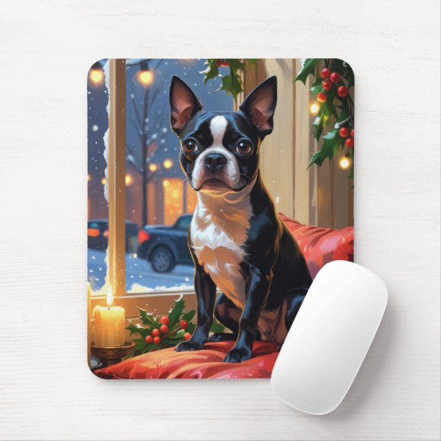 Boston Terrier with Christmas Lights Holiday Mouse Pad (With Mouse)
