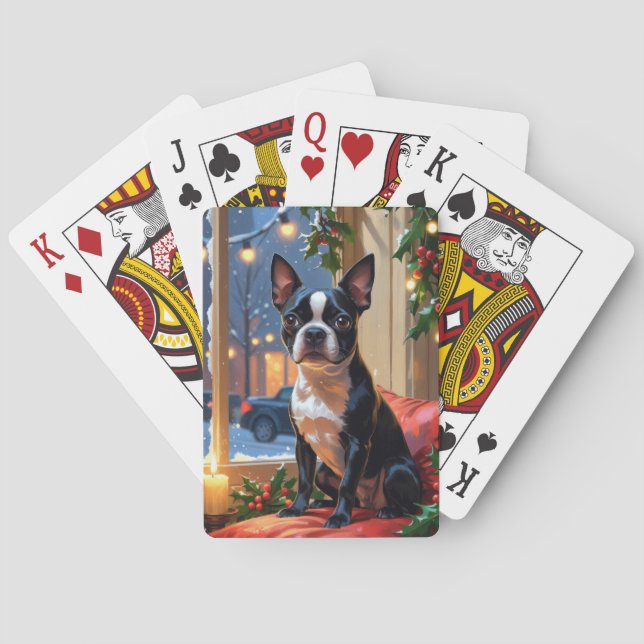 Boston Terrier with Christmas Lights Holiday Playing Cards (Back)