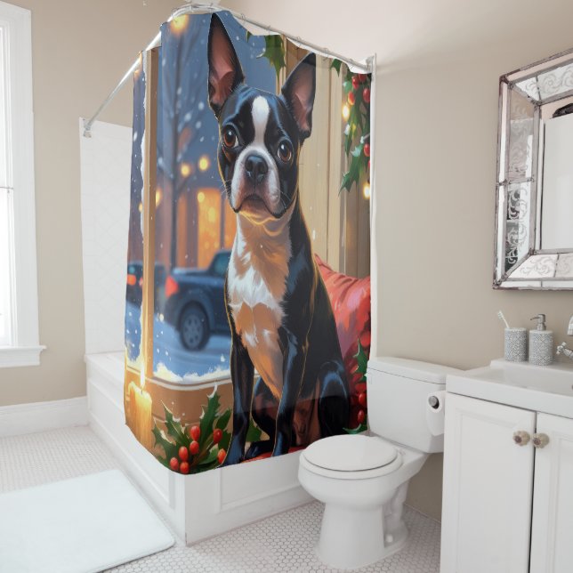 Boston Terrier with Christmas Lights Holiday Shower Curtain (In Situ)