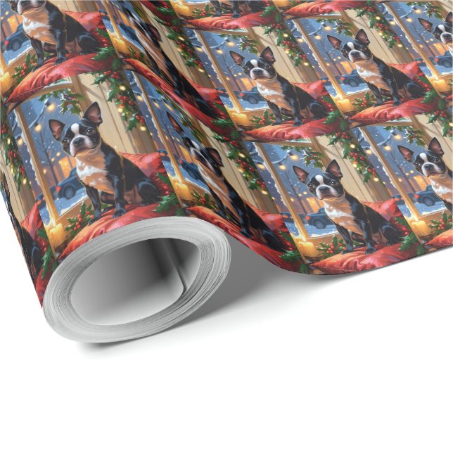 Boston Terrier with Christmas Lights Holiday Wrapping Paper (Roll Corner)