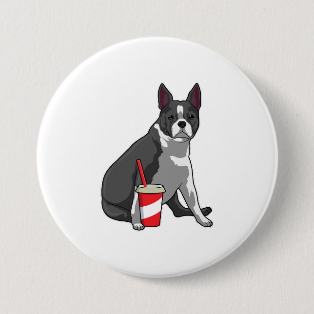 Boston Terrier with Drink 7.5 Cm Round Badge (Front)