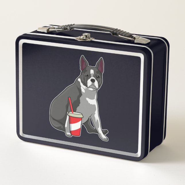 Boston Terrier with Drink Metal Lunch Box (Front)