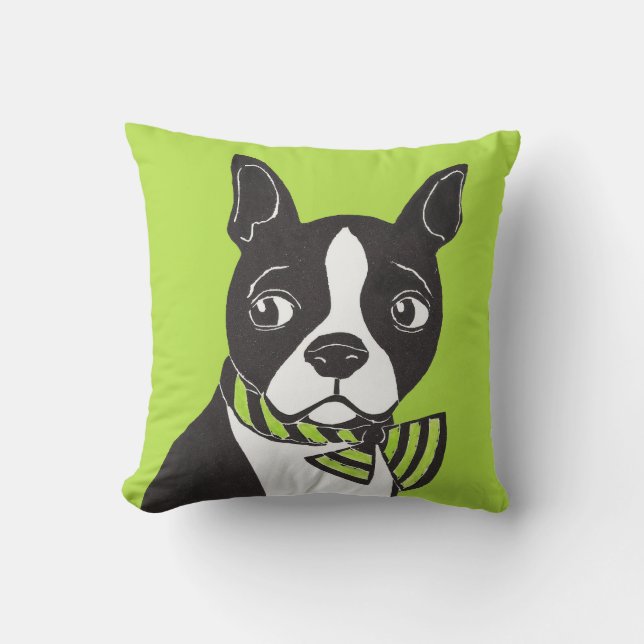 Boston Terrier with Green Background Pillow (Front)
