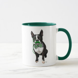 Boston Terrier With Green Moustache And Spotty Mug