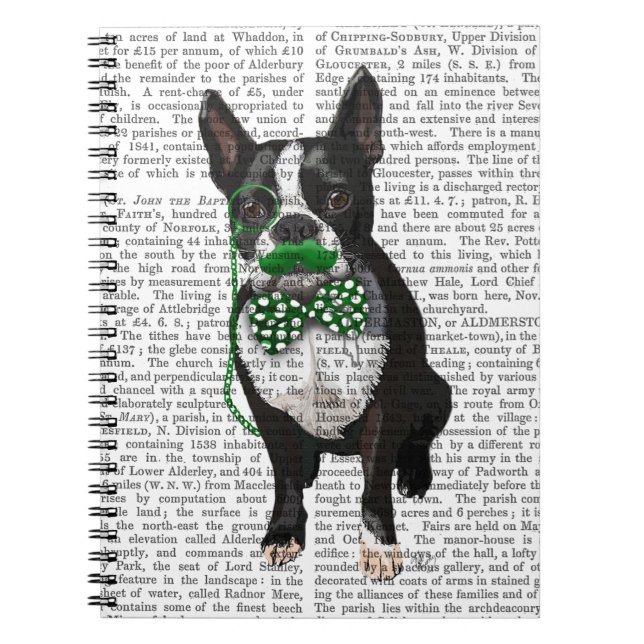 Boston Terrier With Green Moustache And Spotty Notebook (Front)