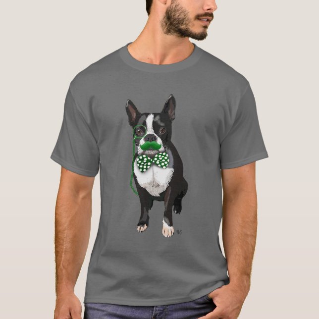 Boston Terrier With Green Moustache And Spotty T-Shirt (Front)
