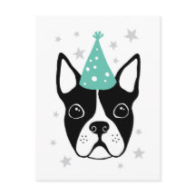 Boston terrier with party hat Happy Birthday card