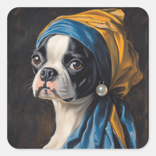 Boston Terrier With Pearl Earring Parody Square Sticker
