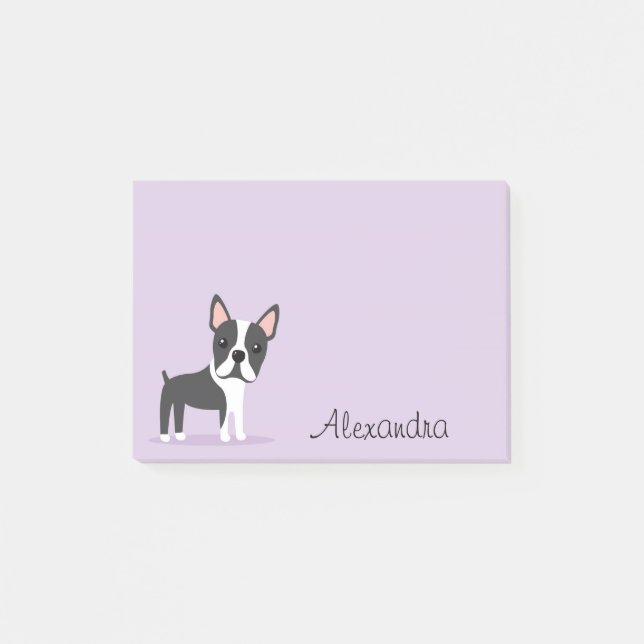 Boston terrier with personalised name purple post-it notes (Front)