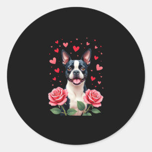 Boston Terrier with Red Roses Hearts Valentine�s D Classic Round Sticker