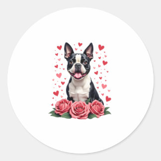 Boston Terrier with Red Roses Hearts Valentine�s D Classic Round Sticker