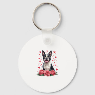 Boston Terrier with Red Roses Hearts Valentine�s D Key Ring