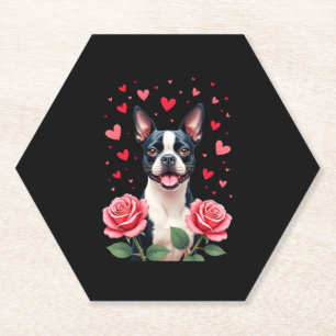 Boston Terrier with Red Roses Hearts Valentine�s D Paper Coaster