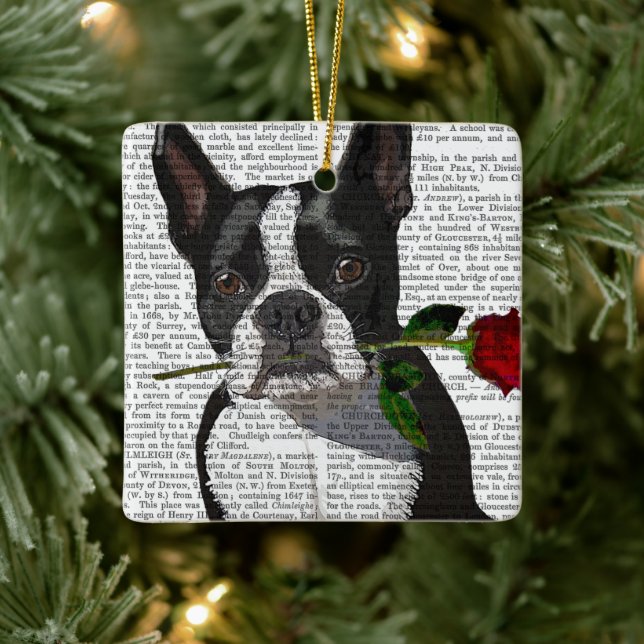 Boston Terrier with Rose in Mouth Ceramic Ornament (Tree)