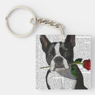 Boston Terrier with Rose in Mouth Key Ring