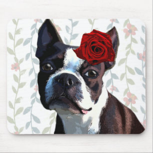 Boston Terrier with Rose on Head 2 Mouse Pad