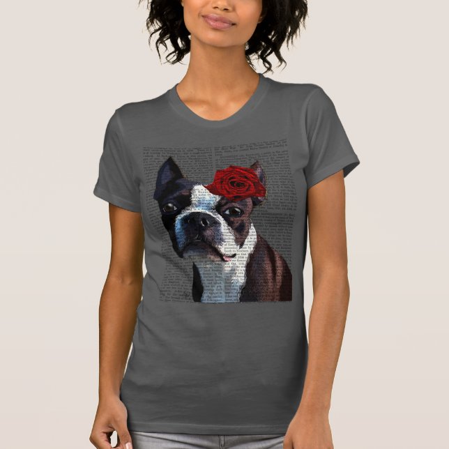 Boston Terrier with Rose on Head T-Shirt (Front)
