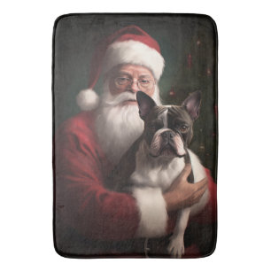 Boston Terrier With Santa Claus Festive Christmas Bath Mat