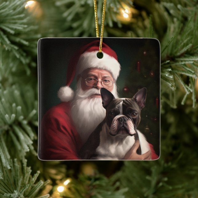 Boston Terrier With Santa Claus Festive Christmas Ceramic Ornament (Tree)