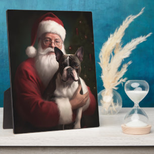 Boston Terrier With Santa Claus Festive Christmas Plaque