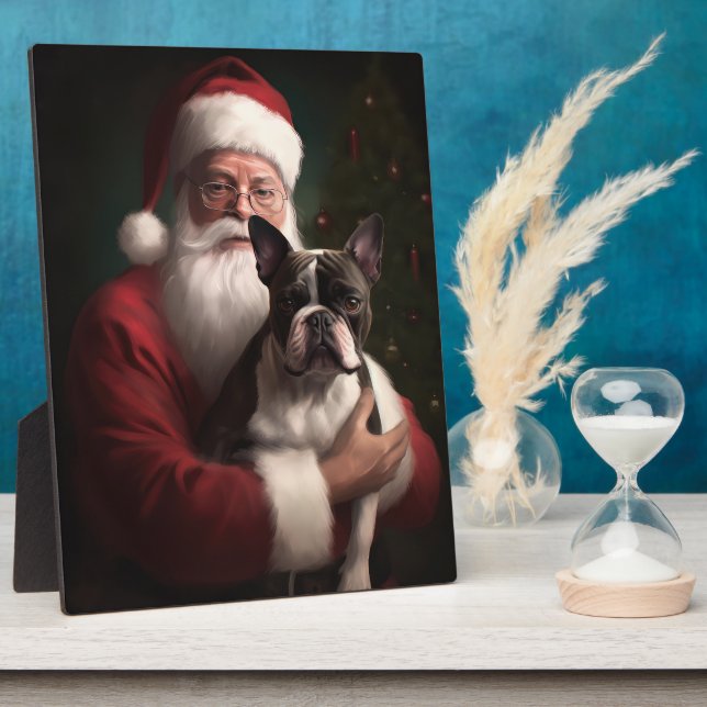 Boston Terrier With Santa Claus Festive Christmas Plaque (Side)