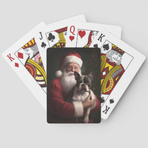 Boston Terrier With Santa Claus Festive Christmas Playing Cards
