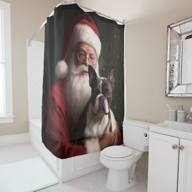 Boston Terrier With Santa Claus Festive Christmas Shower Curtain (In Situ)