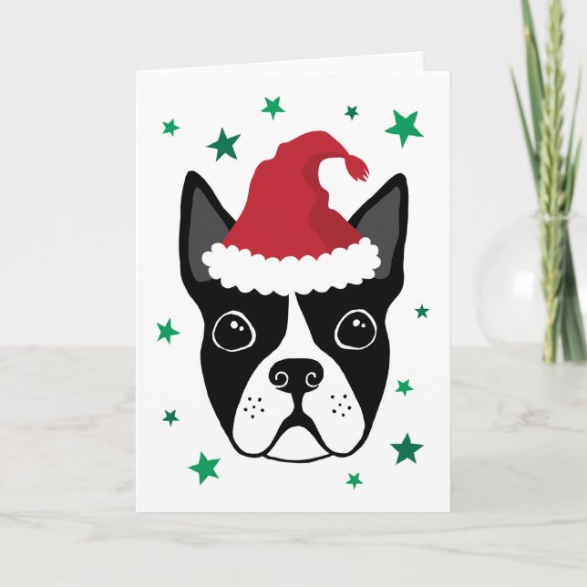 Boston terrier with Santa hat Christmas card (Front)