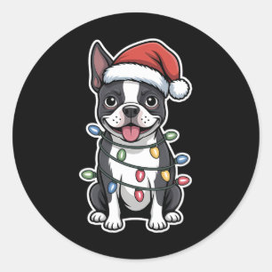 Boston Terrier Wrapped In Christmas Lights Classic Round Sticker