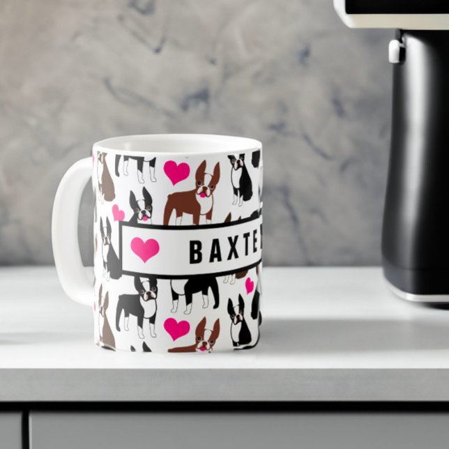 Boston Terriers and Hearts Cute Custom Name Coffee Mug (Creator Uploaded)