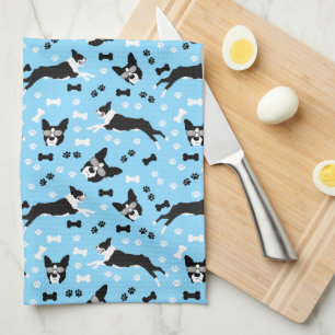 Boston Terriers Blue Dog Pattern Tea Towel