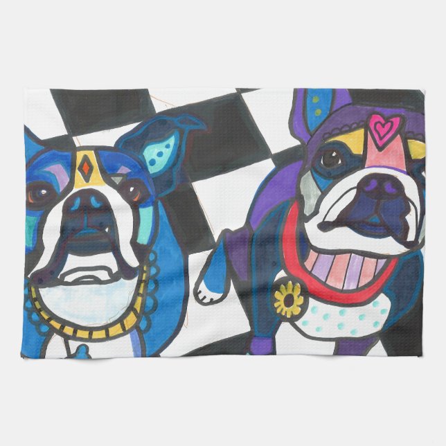 Boston Terriers by Heather Galler Tea Towel (Horizontal)
