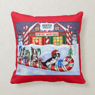 Boston Terriers Candy Cane Santa Christmas Snowman Cushion