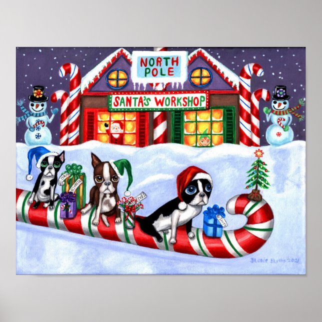 Boston Terriers Candy Cane Santa Christmas Snowman Poster (Front)