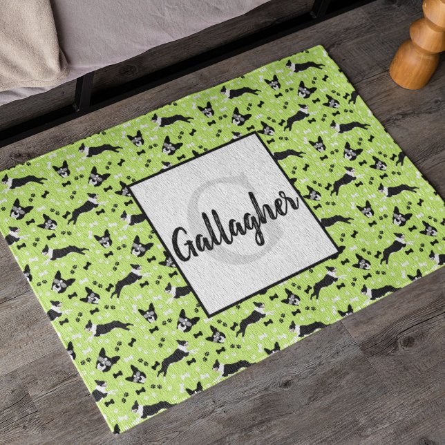 Boston Terriers Dog Green Pattern Doormat (Boston Terrier Monogram Doormat in Green)