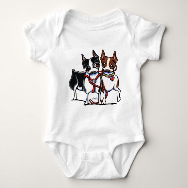 Boston Terriers Leashed Baby Bodysuit (Front)