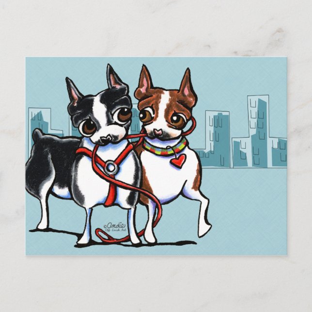 Boston Terriers Leashed Postcard (Front)