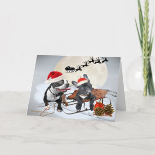 Boston Terriers Santa and Reindeer Card