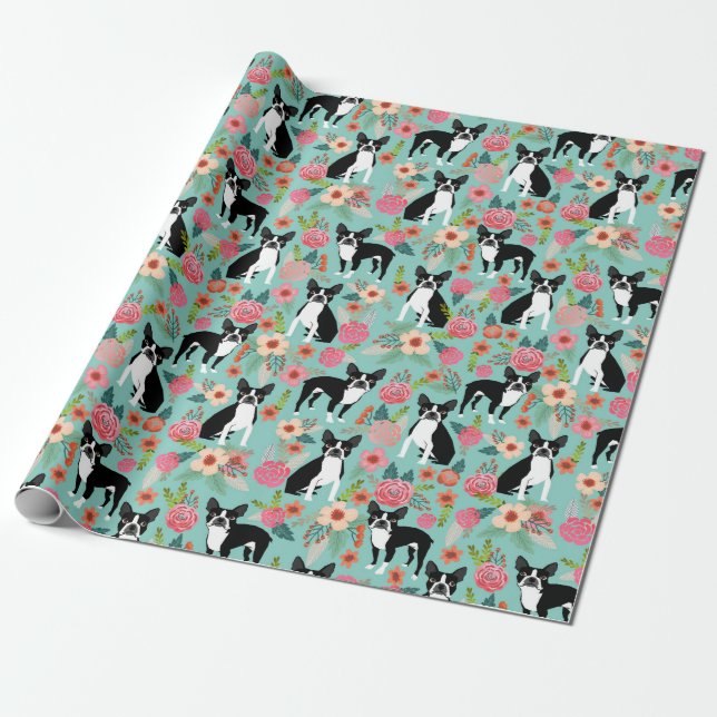 Boston Terriers spring flowers gift wrap (Unrolled)