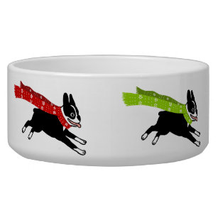 Boston Terriers Wearing Coloured Scarves Dog Bowl