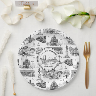 Boston Toile (Anniversary Ed.) Black/White Paper Plate