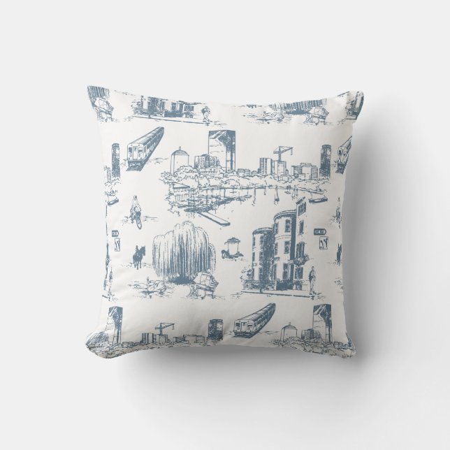 Boston Toile Blue Throw Pillow (Front)