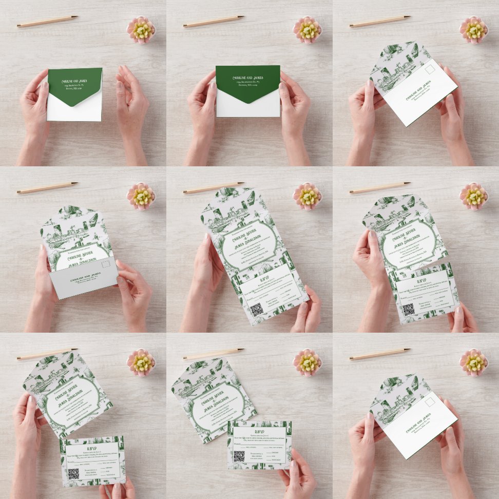 Boston Toile Forest Green AllinOne Wedding Invite