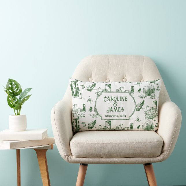 Boston Toile Forest Green Blue Throw Pillow (Chair)
