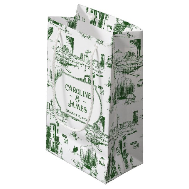 Boston Toile Forest Green Personalised Gift Bag (Front Angled)