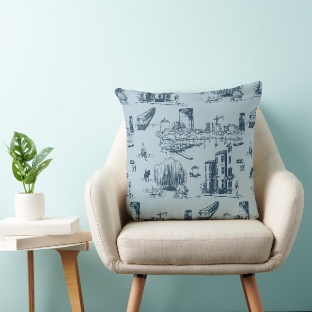 Boston Toile Navy on Blue Throw Pillow (Chair)