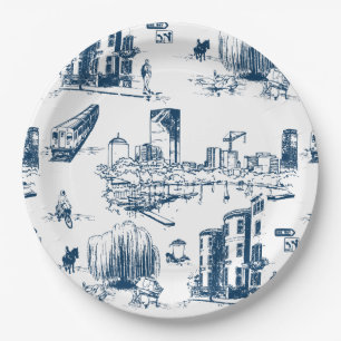 Boston Toile Navy Paper Plate