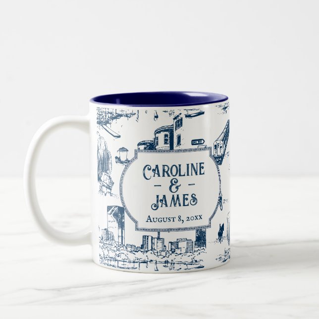 Boston Toile Navy Personalised Wedding Date Mug (Left)